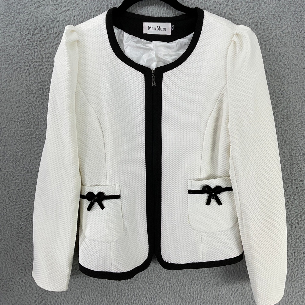 Max Mara Zip Front Blazer Women XXXL White Black Bow Accent Textured Puff Sleeve